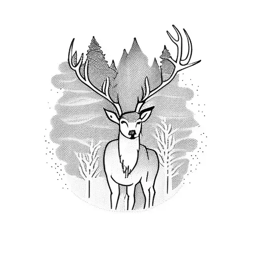 A serene forest scene with a deer drinking from a flowing river tattoo design idea