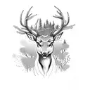 A serene forest scene with a deer drinking from a flowing river tattoo design idea