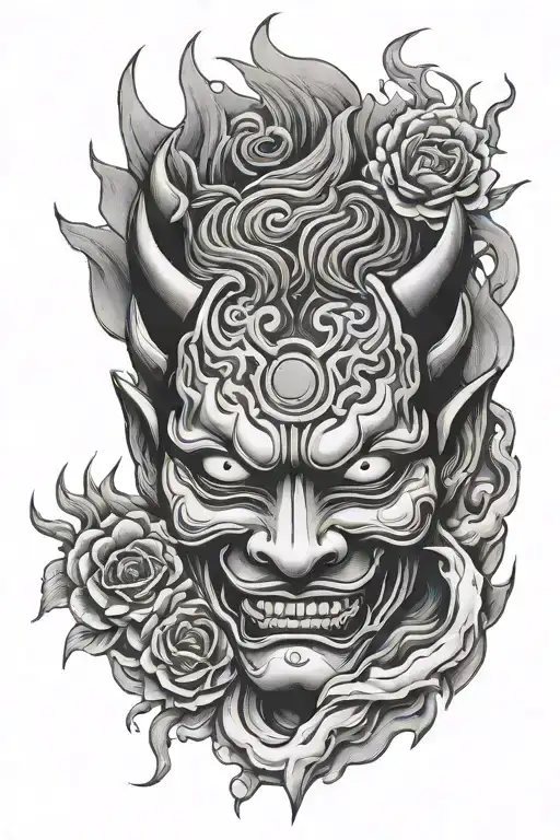 hannya mask with sharingan eye with smoke rising background tattoo design idea