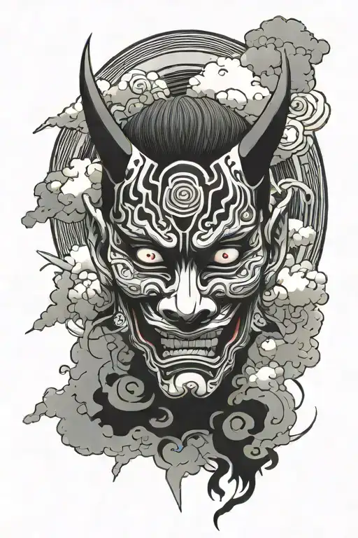 hannya mask with sharingan eye with clouds surrounding tattoo design idea