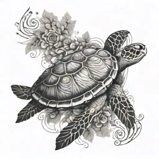 A majestic sea turtle swimming through a forest of musical notes, with subtle AI elements incorporated into the design tattoo design idea