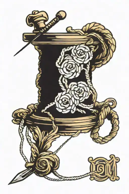 Button with needle and thread weaving to show l o m l tattoo design idea