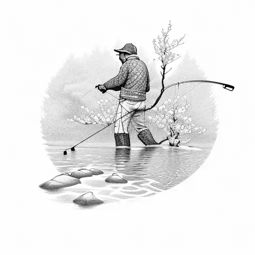 A fisherman casting a line under a blooming sakura tree tattoo design idea