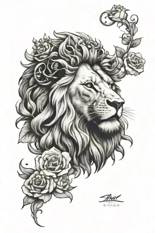 lion roaring with crown sitting on roses tattoo design idea