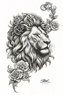 lion roaring with crown sitting on roses tattoo design idea