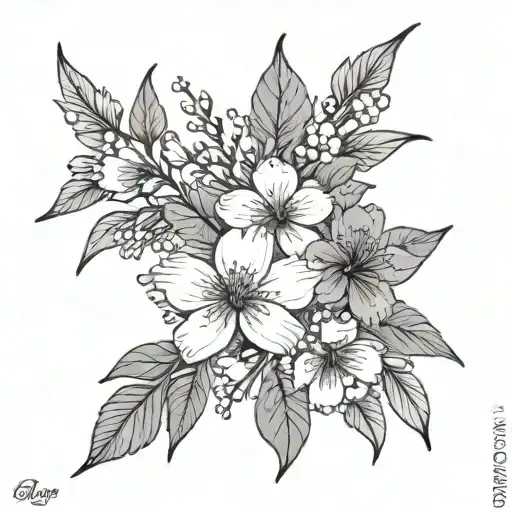 a branch with the birth month flowers of june×3, july, january×2, october×2, november, december×3, august, april and sep tattoo design idea