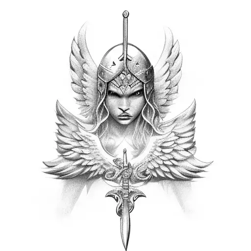 A fierce warrior with angelic wings and a trident, ready to battle any obstacle tattoo design idea
