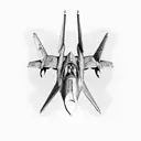 An engineer's blueprint of a fighter jet flying over a beach tattoo design idea