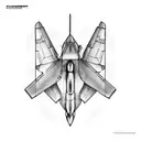 An engineer's blueprint of a fighter jet flying over a beach tattoo design idea