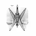 An engineer's blueprint of a fighter jet flying over a beach tattoo design idea