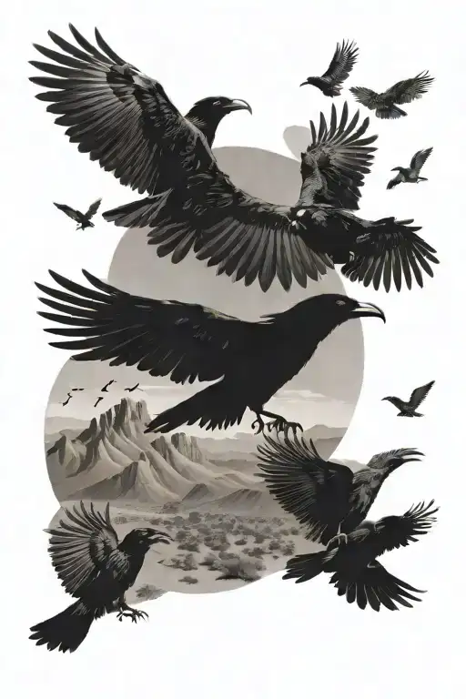 A desert landscape with crows circling above, inspired by Arizona and New Mexico tattoo design idea