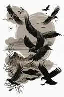 A desert landscape with crows circling above, inspired by Arizona and New Mexico tattoo design idea