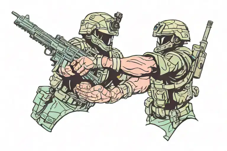 two soldiers handshake vaporwave tattoo design idea