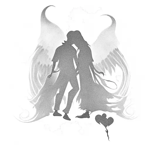 A silhouette of a student holding hands with a ghostly figure, symbolizing the love for learning and the supernatural tattoo design idea