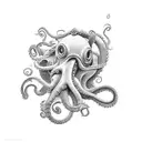 A black-grey tattoo of a vintage film camera with an octopus tentacle coming out of the lens tattoo design idea