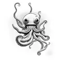 A black-grey tattoo of a vintage film camera with an octopus tentacle coming out of the lens tattoo design idea