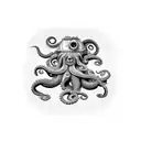 A black-grey tattoo of a vintage film camera with an octopus tentacle coming out of the lens tattoo design idea