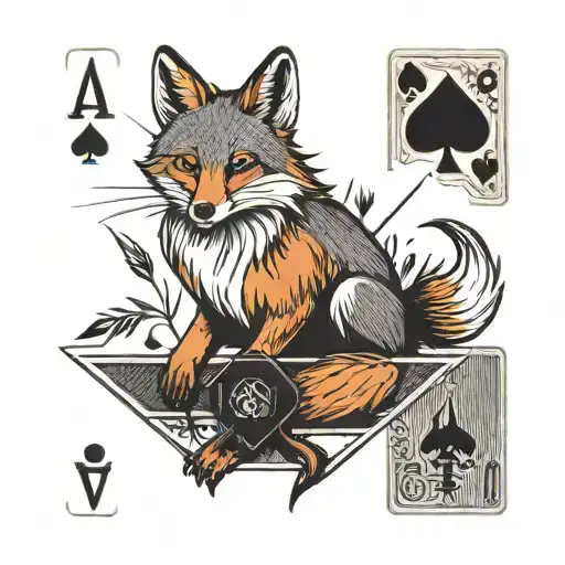 Small minimal fox sitting on a square background, accented by calligraphy brush strokes, with 4 large Aces playing cards tattoo design idea