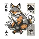 Small minimal fox sitting on a square background, accented by calligraphy brush strokes, with 4 large Aces playing cards tattoo design idea