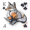 Small minimal fox sitting on a square background, accented by calligraphy brush strokes, with 4 large Aces playing cards tattoo design idea