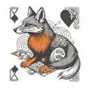 Small minimal fox sitting on a square background, accented by calligraphy brush strokes, with 4 large Aces playing cards tattoo design idea