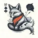 Small minimal fox sitting on a square background, accented by calligraphy brush strokes, with 4 large Aces playing cards tattoo design idea