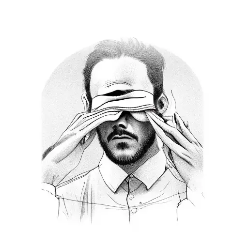 man removing blindfold with fear written on it tattoo design idea