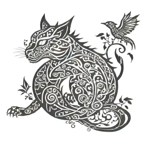 cat and dragon with leafs and birds tattoo design idea
