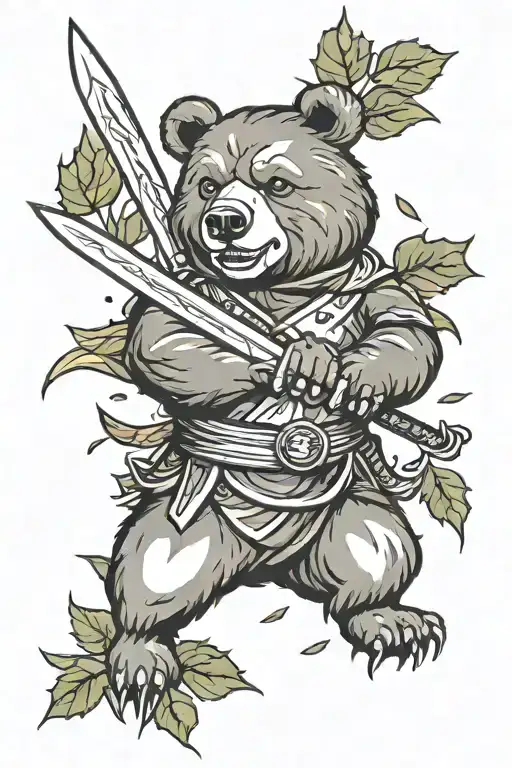 bear, katana, leaves falling tattoo design idea
