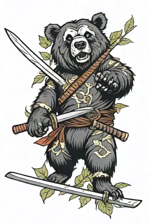 bear, katana, leaves falling tattoo design idea