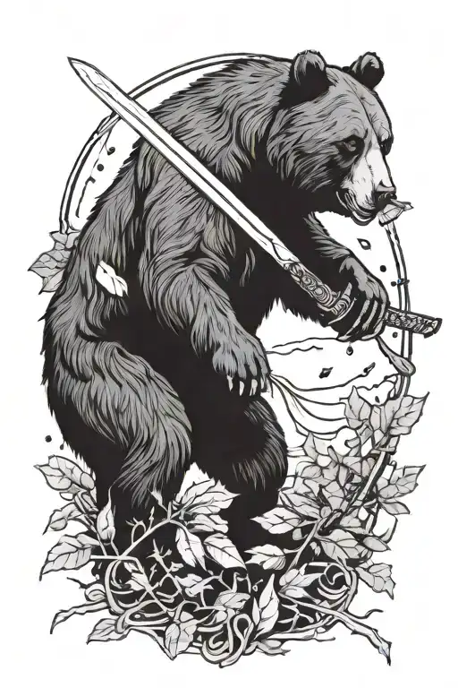 bear, katana, leaves falling tattoo design idea