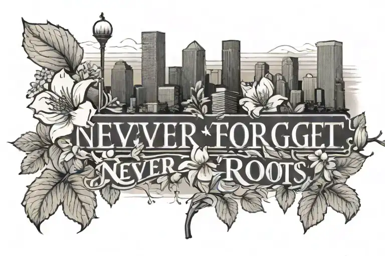 Raleigh skyline with saying Never Forget Your Roots, 919 area code and NC dogwood flowers and cardinal tattoo design idea