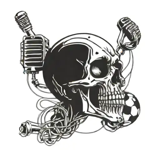 A skull with soccer ball eyes and a microphone for a mouth surrounded by musical notes and soccer balls tattoo design idea