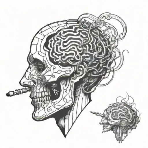 A futuristic cybernetic brain in a sleek suit smoking a digital cigarette tattoo design idea