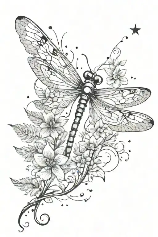 on the forearm, mystical, mysterious, magical Slavic dragonfly, fern flower, stars with a crescent, black and white, lig tattoo design idea