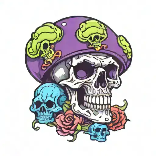 black, purple, green and blue skull and mushroom tattoo  tattoo design idea
