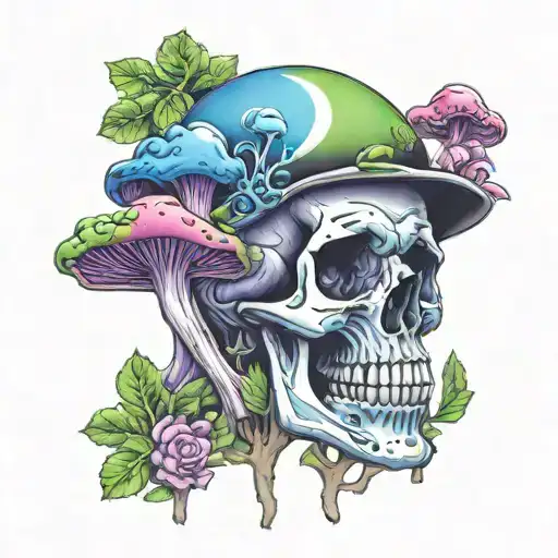 black, purple, green and blue skull and mushroom growing tattoo design idea