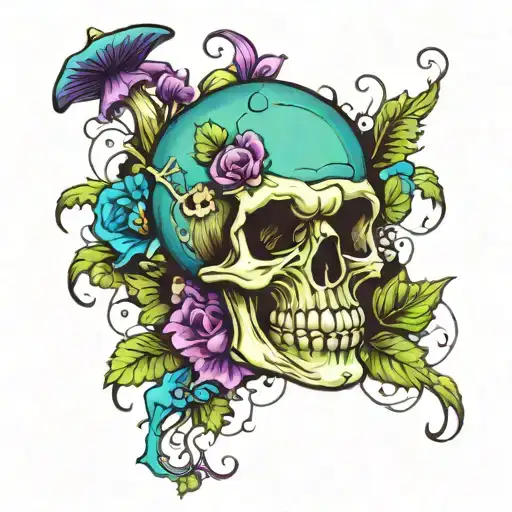 black, purple, green and blue skull and mushroom growing tattoo design idea