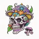 black, purple, green and blue skull and mushroom tattoo  tattoo design idea