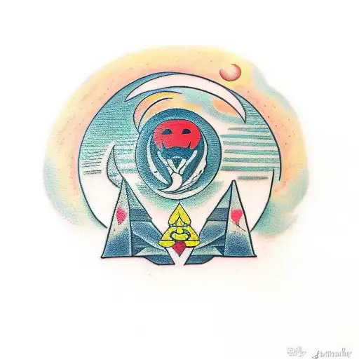 Snake, rocket, pyramids, moon as a heart tattoo design idea