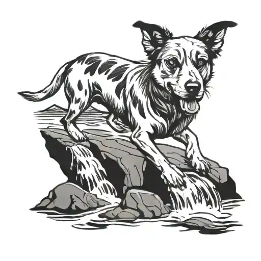 dog and flowing river by bridge tattoo design idea