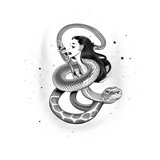 A girl dancing to her favorite music with a snake wrapped around her arm tattoo design idea