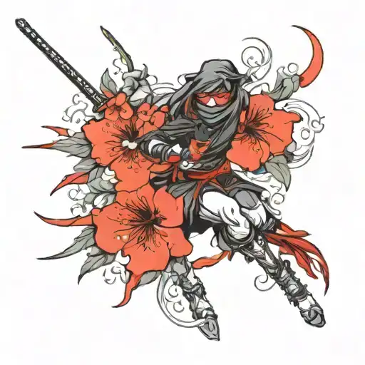 tattoo for women with a sexy ninja women and flowers. the tattoo should be black and red tattoo design idea