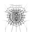 A blackwork tattoo of a guitar with a spider web design inspired by Spiderman tattoo design idea