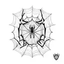 A blackwork tattoo of a guitar with a spider web design inspired by Spiderman tattoo design idea