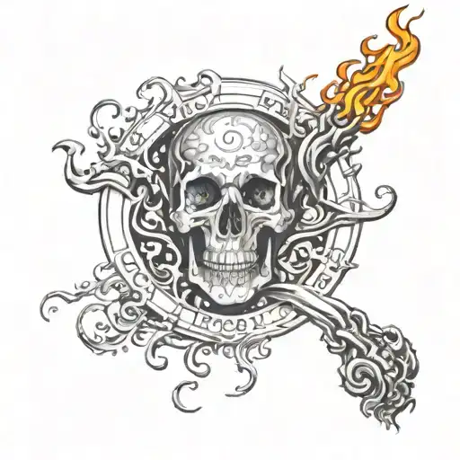 34 and Joy written encompassed by fire tattoo design idea