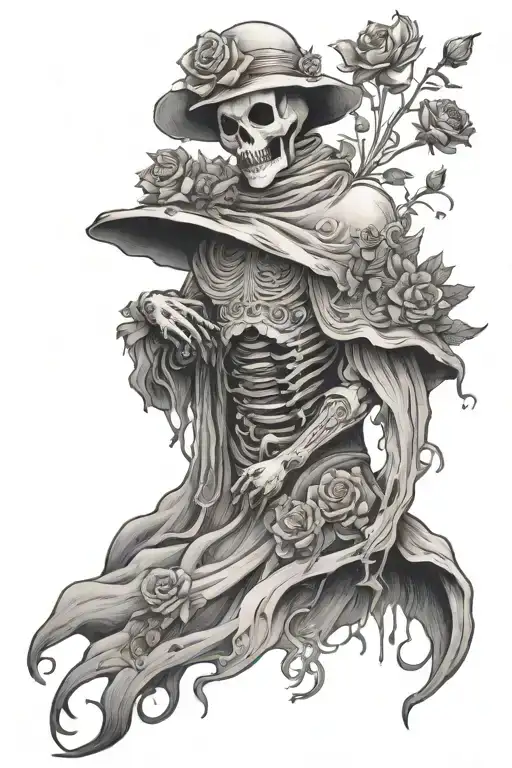 sheet ghost holding flowers in flower field tattoo design idea