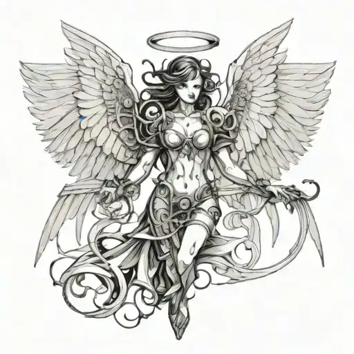 female angel mechanical with wings spread tattoo design idea