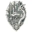 cyberpunk cityscape tattoo design idea