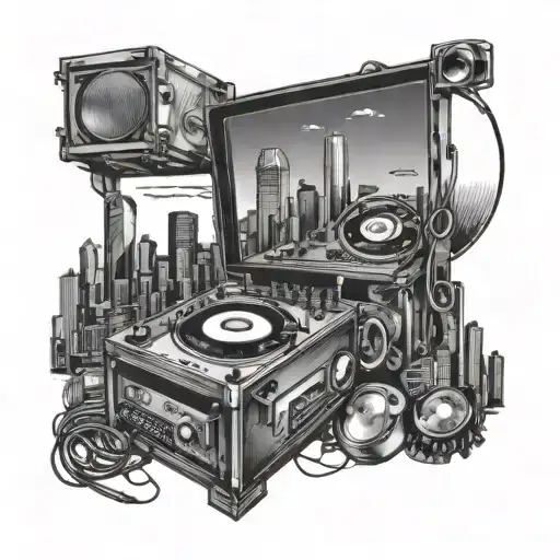 Design a tattoo showcasing a DJ booth with a skyline of Dallas in the background, reflecting the client's occupation and favorite place tattoo design idea